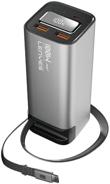 Pin dự phòng Lenyes PX2001D 20000mAh, sạc nhanh USB-C 100W, cáp rút gọn tích hợp, tương thích với laptop, màn hình LED hiển thị pin, hỗ trợ sạc xuyên suốt, hai cổng QC 3.0, cổng vào/ra Type-C, nút đánh thức.